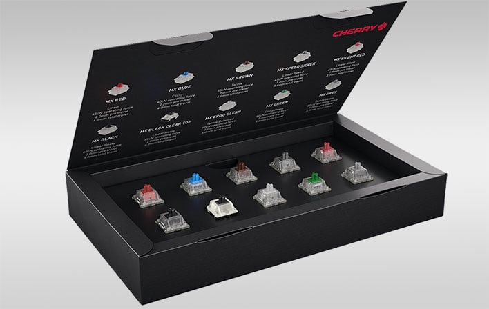 Cherry MX Experience Box (opened) on a gray gradient background.