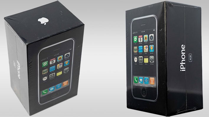 Two images of an original 2007 iPhone in its sealed retail box, on a gray gradient background.