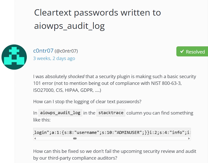 c0ntr07 plugin per wordpress che registra le password in testo normale nei log