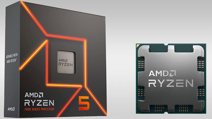 AMD Ryzen 5 7000 series retail box and CPU on a gray gradient background.