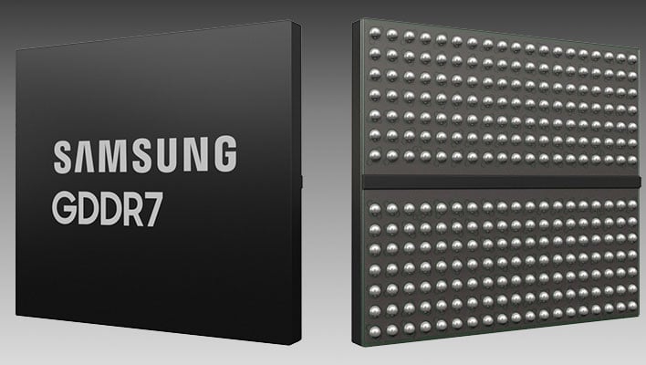 Front and back renders of Samsung's GDDR7 chips on a dark gray gradient background.