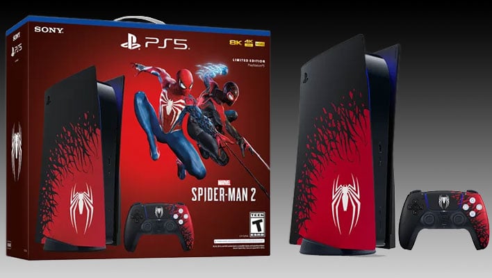 Limited Edition PS5 Spider-Man 2 console bundle on a black and gray gradient background.