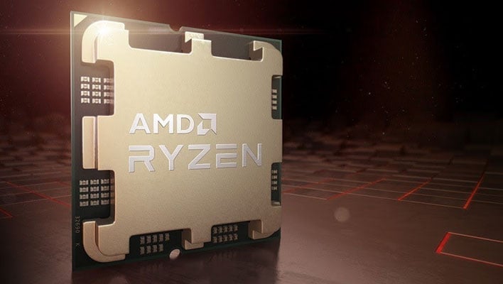Angled AMD Ryzen (Zen 4) CPU with light reflecting off the upper left corner.