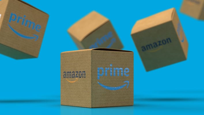 Amazon Prime boxes on a blue background.