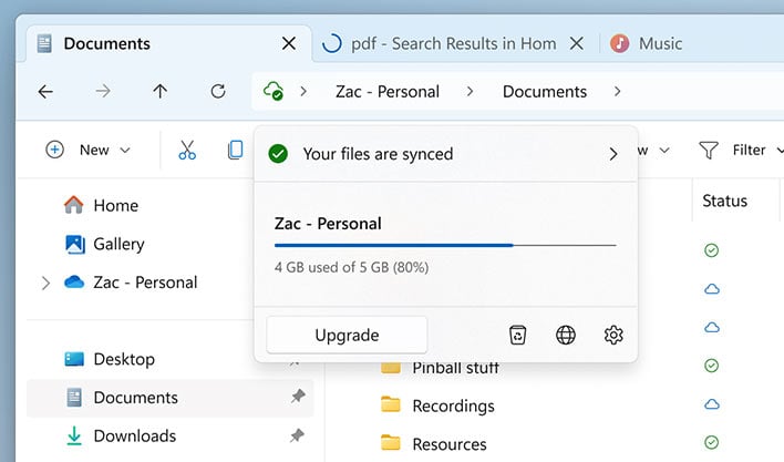File Explorer OneDrive status flyout