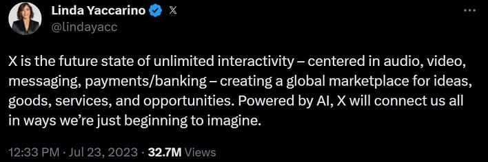 linda yaccarino tweet about x