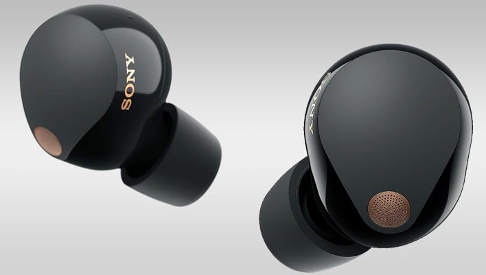 Sony WF-1000XM5 wirelesse earbuds (black) on a gray gradient background