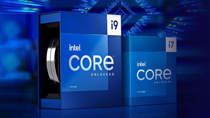 Intel 13th Gen Core i9 and Core i7 boxes at an angle on a blue-themed background.
