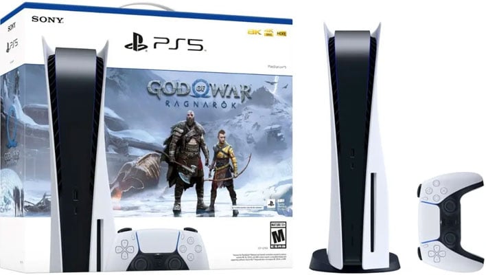 PlayStation 5 God of War Ragnarok bundle (retail box, PS5 console, and DualSense controller)