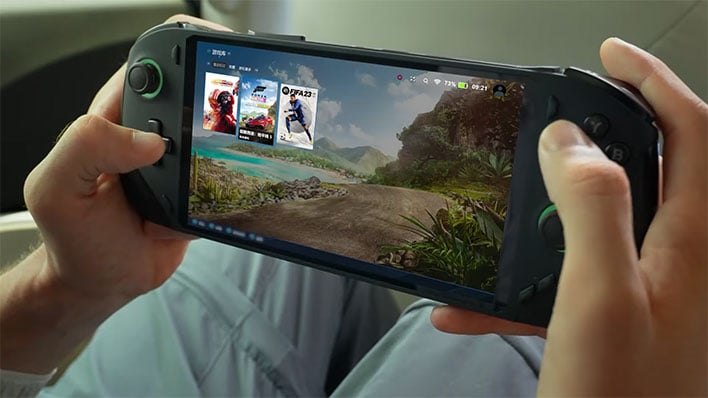 Playing a game on the OneXFly handheld console.