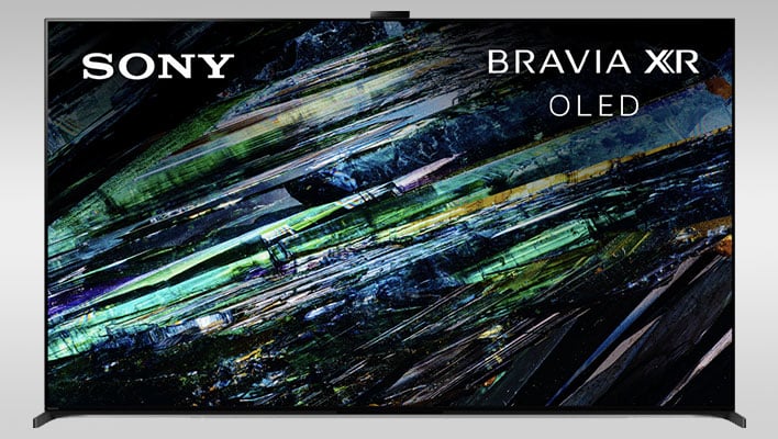 Sony Bravia XR A95L QD-OLED TV on a gray gradient background.