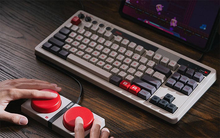8BitDo N-Edition mechanical keyboard with a pair of giant red buttons.