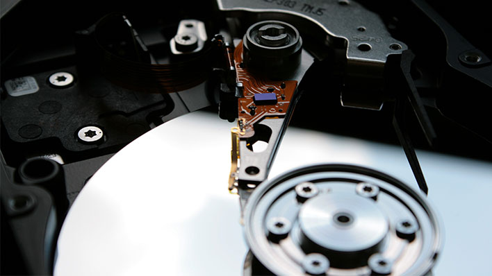 Closeup of the platters inside a hard drive.
