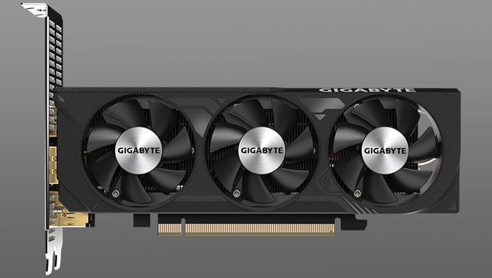 Render of a low-profile Gigabyte GeForce RTX 4060 graphics card on a brownish gradienty background.