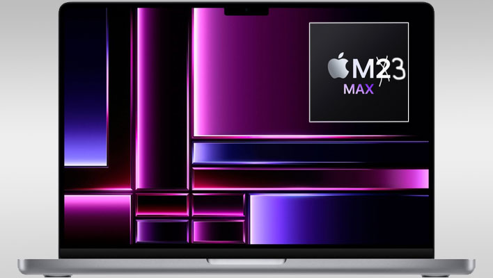 Apple MacBook Pro with an edited render of an M3 Max chip on the display.