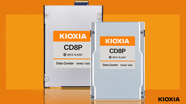 Kioxia CD8P SSDs on an orange background.