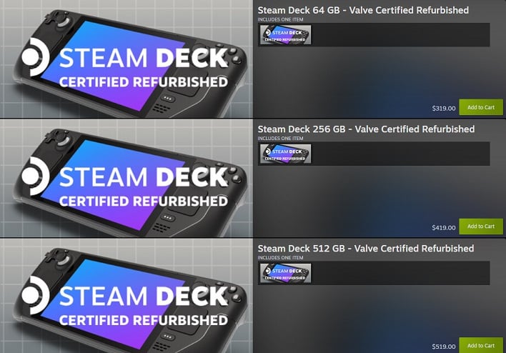 Steam Deck (Valve Certified Refurbished): 512GB $519, 256GB
