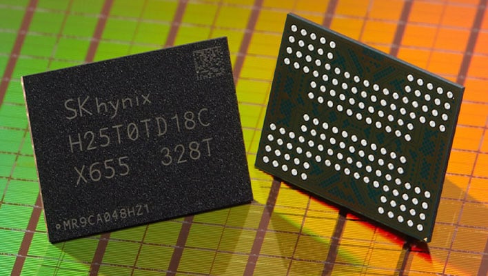Front and back views of SK hynix's 321-layer NAND on a wafer background.