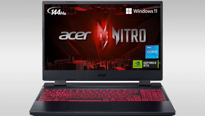 Acer Nitro 5 laptop on a gray gradient background.