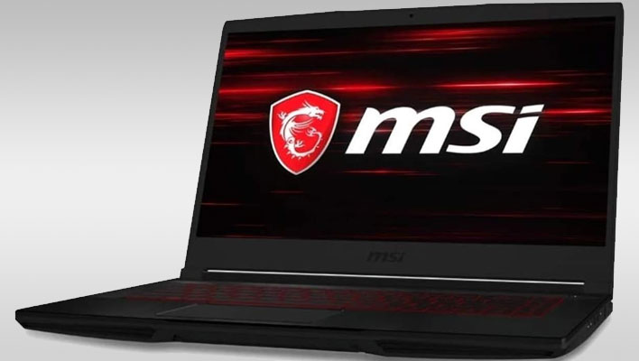 An open and angled MSI GF63 laptop on a gray gradient background.