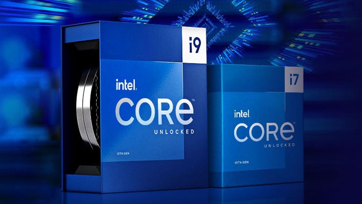 Intel Core i9 and Core i7 retail boxes on a blue background.