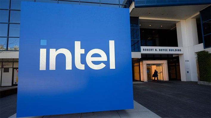 Closeup of the Intel sign in front of the company's headquarters.