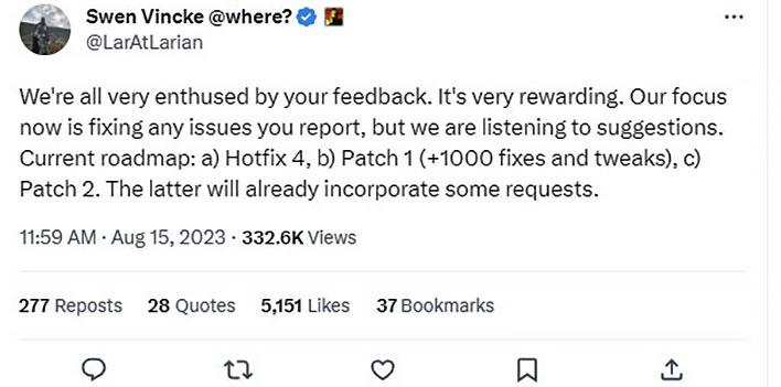 Balders Gate Update Tweet