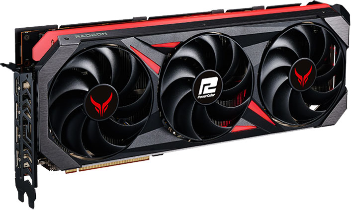 Angled render of PowerColor's Red Devil Radeon RX 7800 XT.