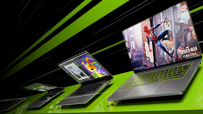 A row of NVIDIA RTX 40 series gaming laptops on a black and green background.