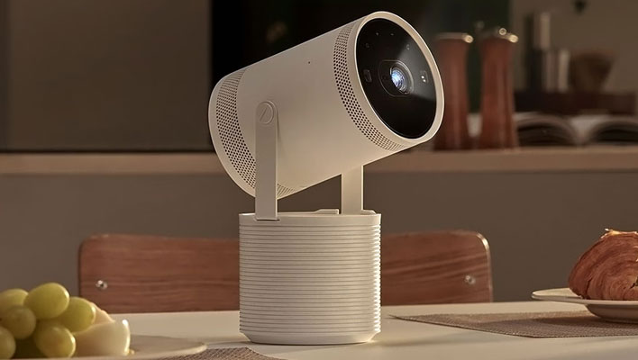 Samsung FreeStyle Gen 2 projector on a kitchen table.