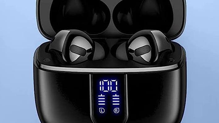 Tagry earbuds in a charging case on a blue background.