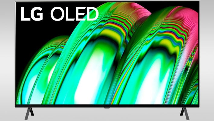 LG OLED TV on a gray gradient background.