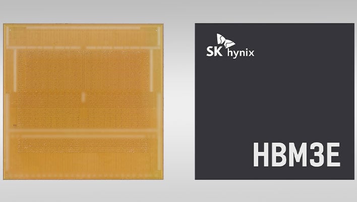 SK hynix HBM3E memory chips on a gray gradient background.