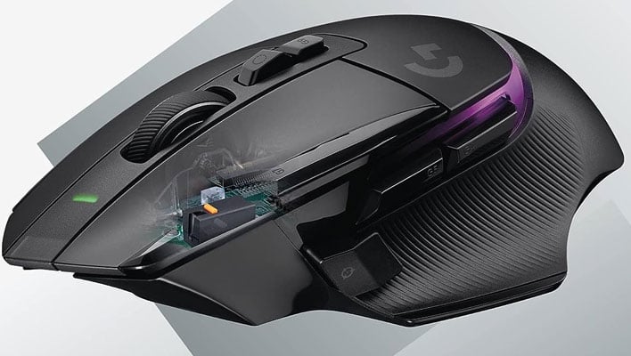 Side view of Logitech's G502 X Plus wireless gaming mouse. 