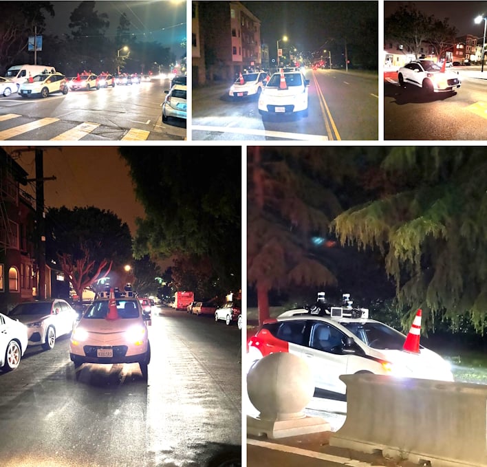 coning protesters immobilizing autonomous vehicles in streets of san francisco