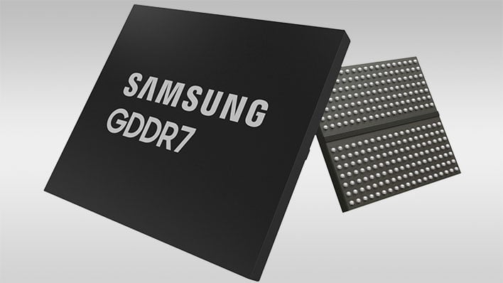 Front and back render of Samsung's GDDR7 chips on a gray gradient background.