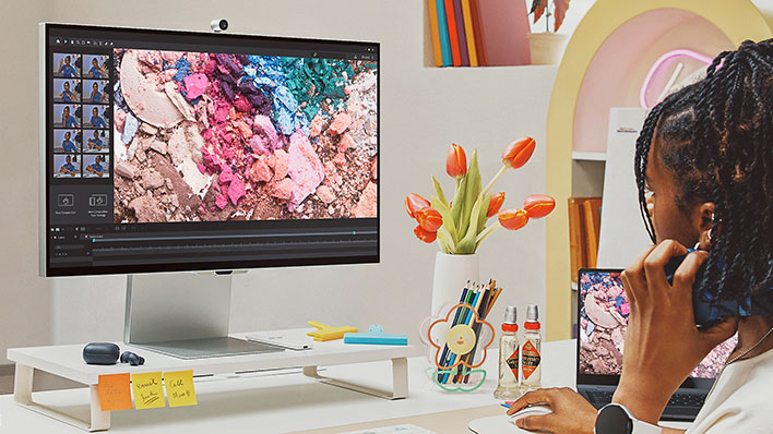 Angled view of Samsung's ViewFinity S9 monitor on a desk.