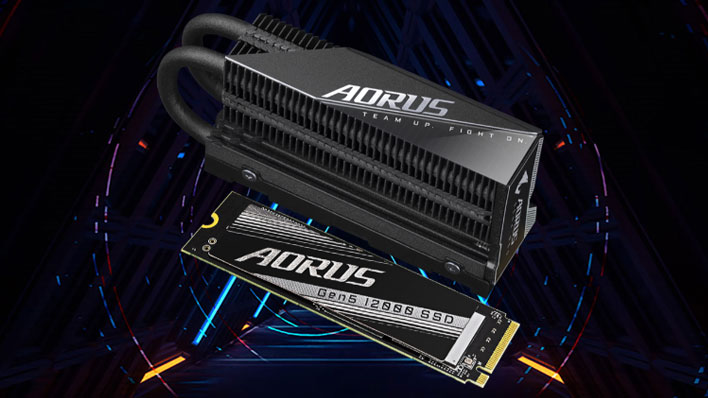 Gigabyte Aorus Gen5 12000 SSD on a black and blue background.