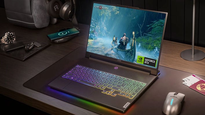 Open and angled Lenovo Legion i9 gaming laptop on a desk.