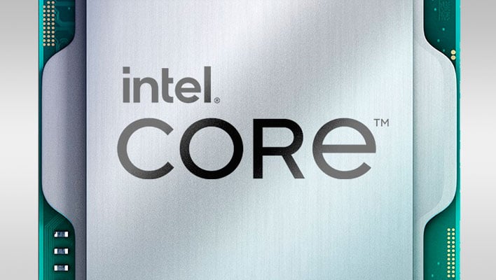 Closeup of a 13th Gen Intel Core CPU on a gray gradient background.