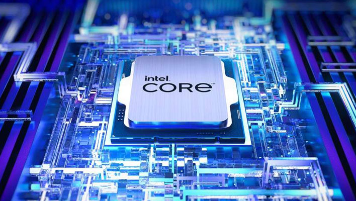Intel Core CPU on a blue and acrylic background.
