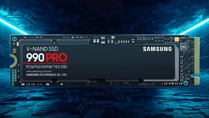 Samsung 990 Pro SSD on a background image of what looks like the interior of a spaceship. 