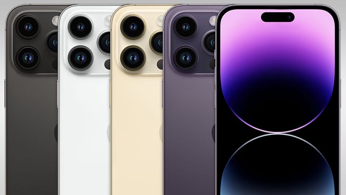 Different color iPhone 14 Pro Max devices on a gray gradient background.