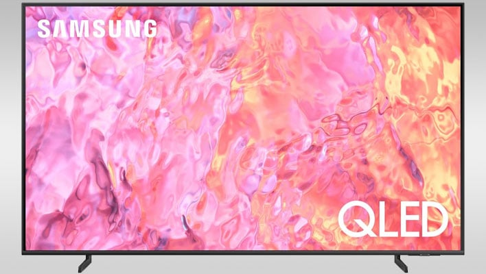 Samsung Q60C TV on a gray gradient background.