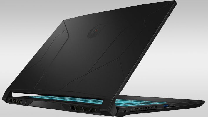 Rear angled view of MSI's Bravo 15 laptop on a gray gradient background.