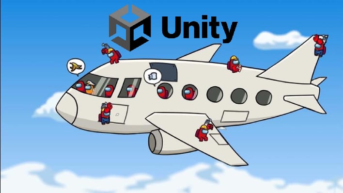 Among Us characters on an airplane with Unity's logo in the sky.