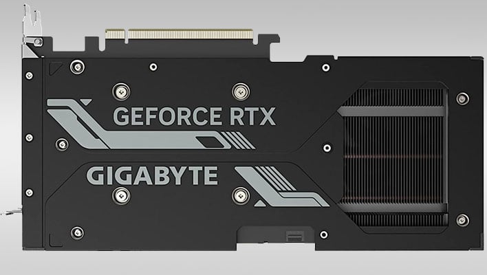 Back side of Gigabyte's GeForce RTX 4070 Windforce OC graphics card on a gray gradient background. 