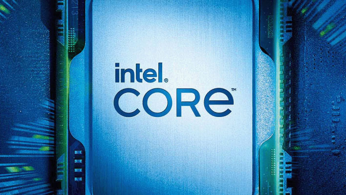 Closeup of an Intel Core CPU render on a blue themed background.