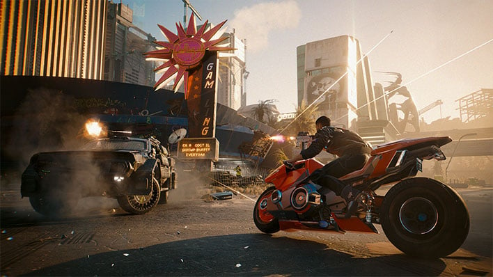 Shootout between riders in a motorcycle and car in Cyberpunk 2077: Phantom Liberty