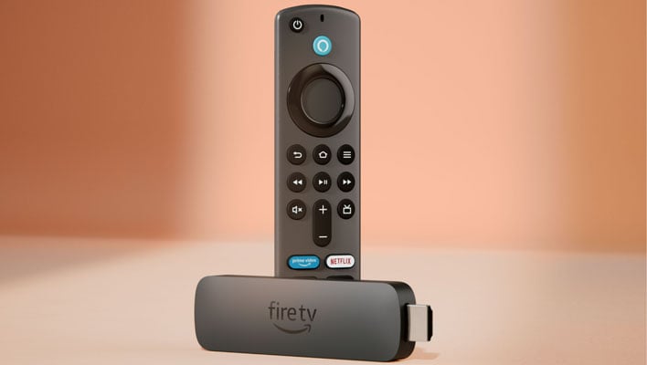 Amazon Fire TV Stick 4K Max and remote on an orange background.